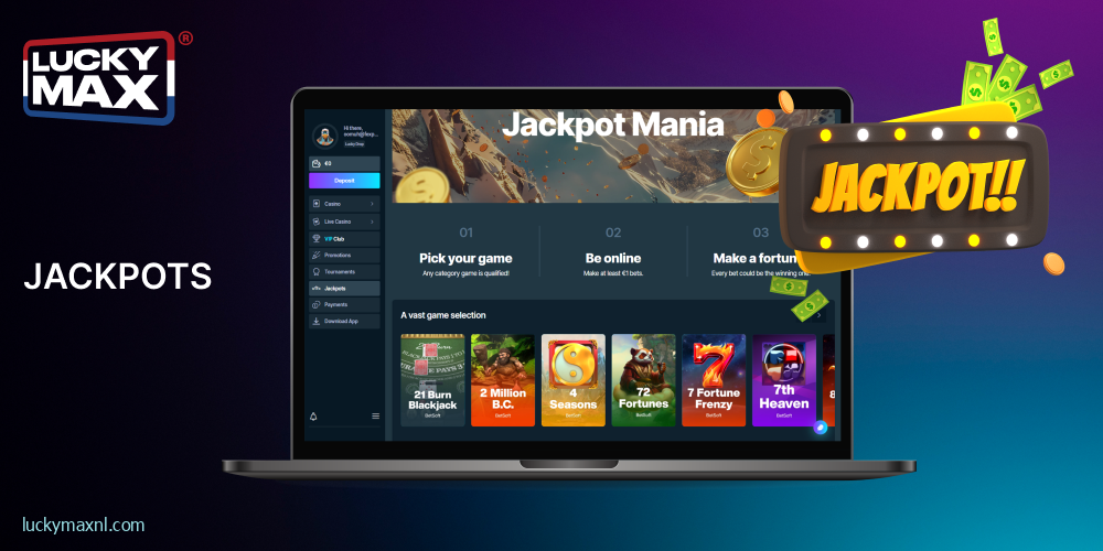 Een selectie van spellen met jackpots bij Lucky Max Casino