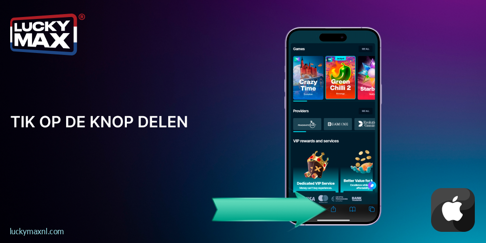 Klik op de knop “Delen” om de Lucky Max app te installeren